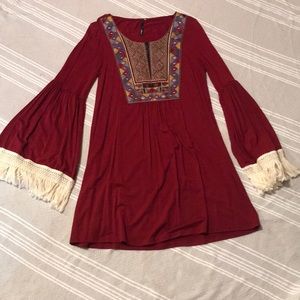 Embroidered fringe sleeve dress